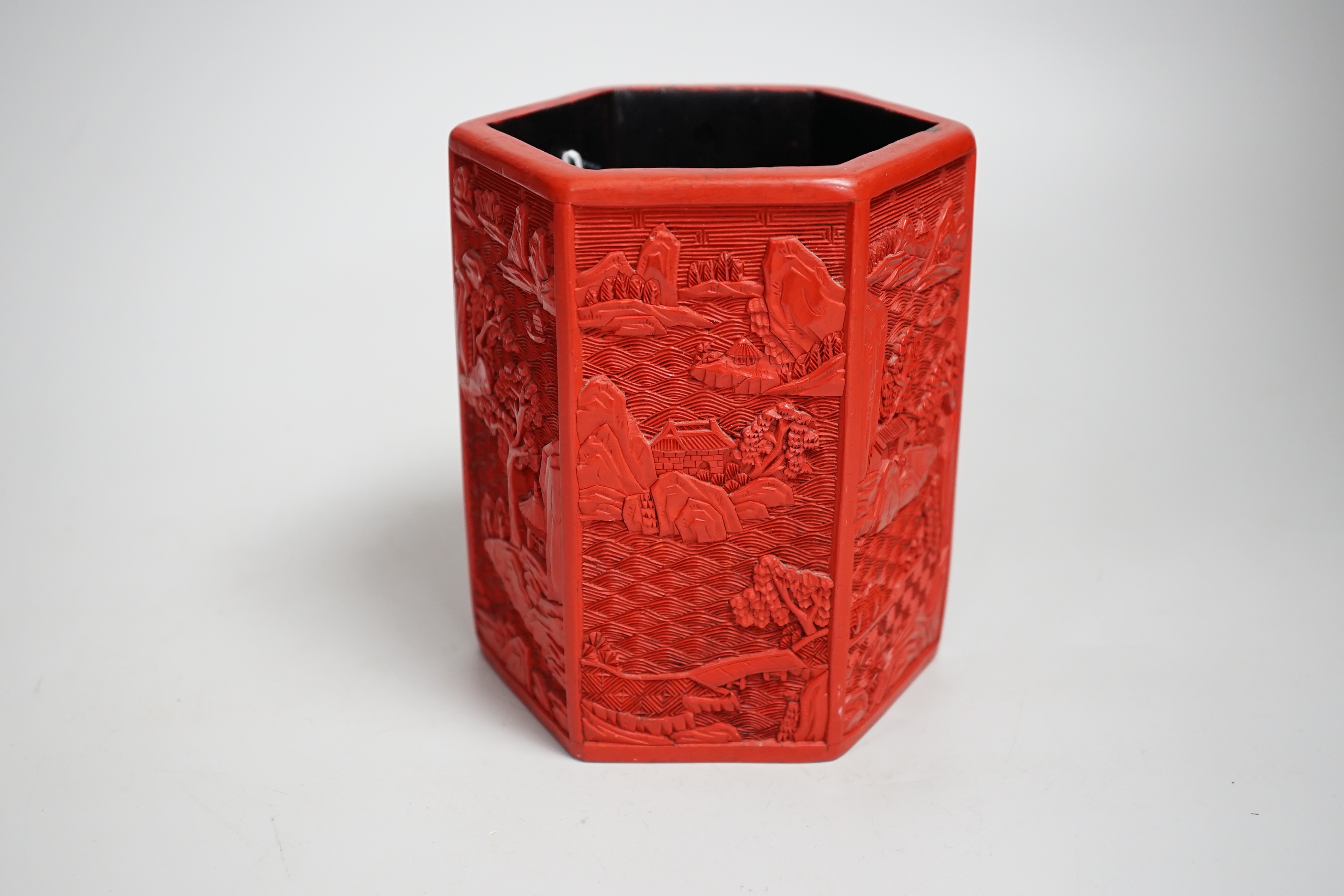 A Chinese cinnabar lacquer hexagonal brushpot, 14.5cm high